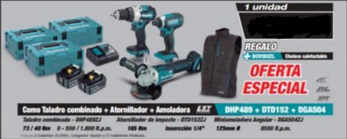 MAKITA COMBO TALADRO COMBINADO DHP489 + ATORNILLADOR DTD152 + AMOLADORA DGA504 + 2 BATERIAS, CARGADOR