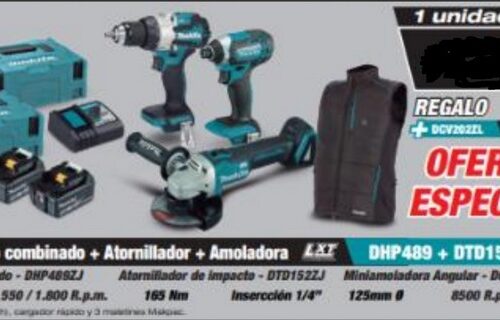 MAKITA COMBO TALADRO COMBINADO DHP489 + ATORNILLADOR DTD152 + AMOLADORA DGA504 + 2 BATERIAS, CARGADOR